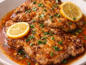 Свински пържоли на тиган с чесън и лимон