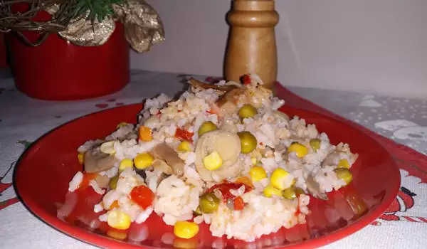 Веган ориз със зеленчуци и гъби на фурна