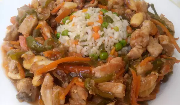 Пиле със зеленчуци по китайски на тиган