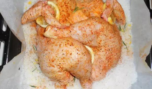 Печено пиле върху сол на фурна
